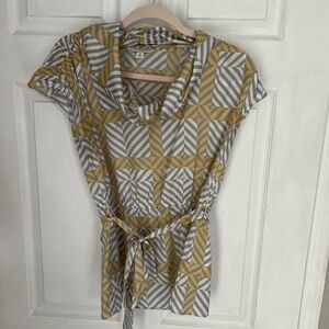 Banana Republic Yellow and Grey Cap Sleeve Tie Front Blouse, Women’s Medium